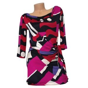 DIANE VON FURSTENBERG Women's Size 4 Silk Abstract Mini Dress Boat Neck Red Pink